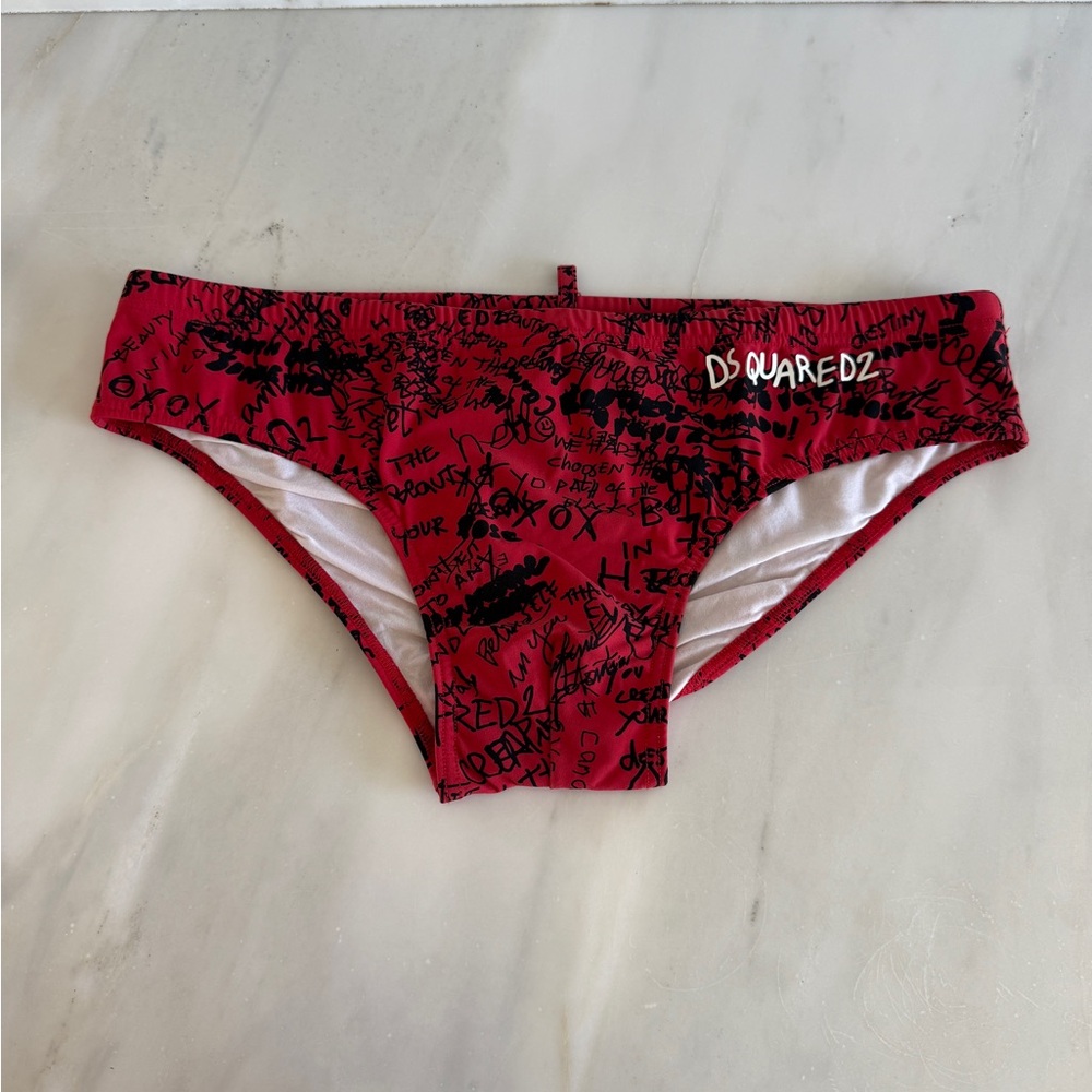 DSQUARED2 Red and Black Graffiti Print Swimwear